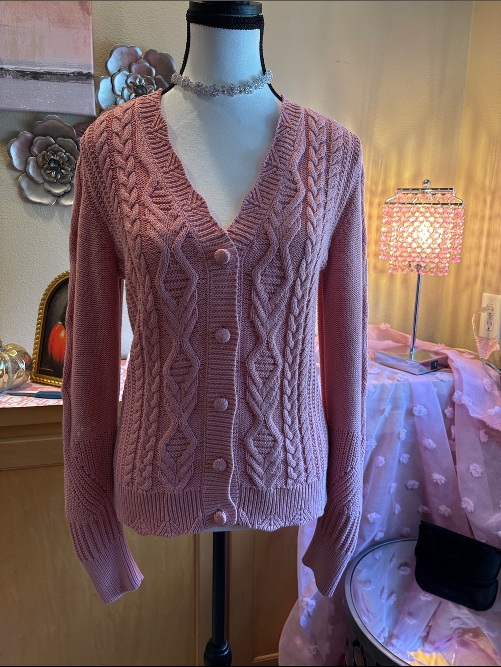LoveShackFancy Dusty Rose Cable-Knit Button Cardigan